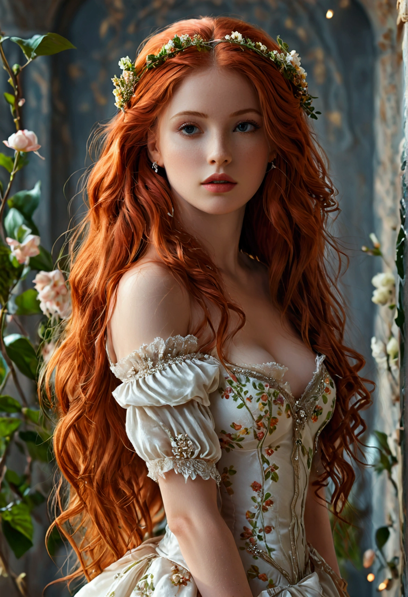 (((masterpiece))), best quality, illustration, 4K wallpaper, cinematic light, Absurdres, (full body shot:1) photorealistic image of a (standing pose:1) ultrarealistic, photography, long red hair, woman, 24 years old, hourglass figure, perfect body, Flirty look, natural medium breasts, red hair, glow hair, bloom hair, clothing princess, looking front
