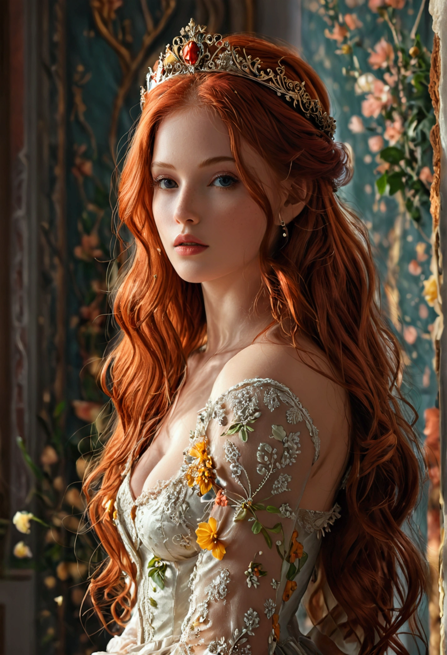 (((masterpiece))), best quality, illustration, 4K wallpaper, cinematic light, Absurdres, (full body shot:1) photorealistic image of a (standing pose:1) ultrarealistic, photography, long red hair, woman, 24 years old, hourglass figure, perfect body, Flirty look, natural medium breasts, red hair, glow hair, bloom hair, clothing princess, looking front