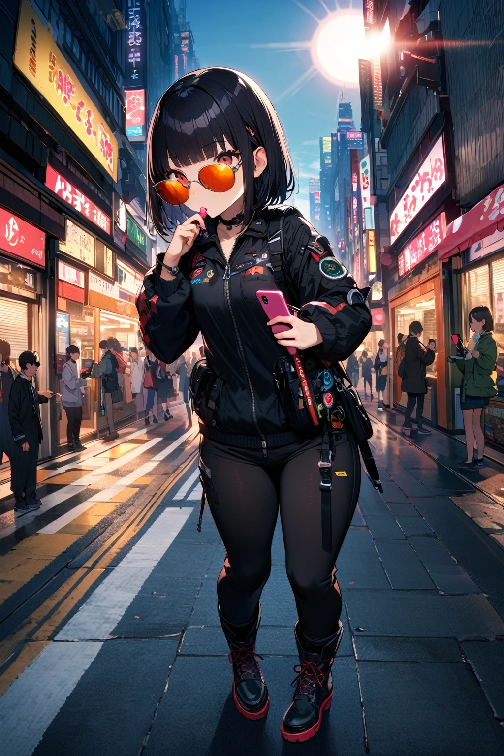 (extremely detailed fine touch:1.3), (((sun glasses:1.3))), (wear silver headphones around neck:0.8), short hair, blunt bangs, 1girl, solo, 2.5d face, full body, standing, sucking pop, black tubetop, black cargopants, black boots, (handling_smart_phone, smart_phone:1.2), extremely detailed tokyo city street,