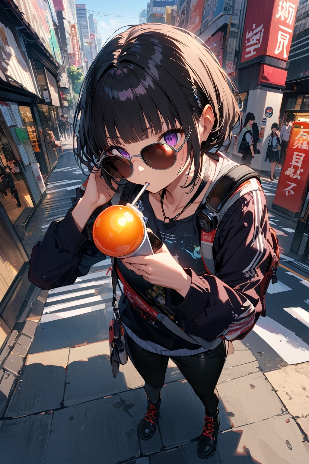 (extremely detailed fine touch:1.3), (((sun glasses:1.3))), (wear silver headphones around neck:0.8), short hair, blunt bangs, 1girl, solo, 2.5d face, full body, standing, sucking lolipop, black tubetop, black cargopants, black boots, (handling_smart_phone, smart_phone:1.2), extremely detailed tokyo city street,