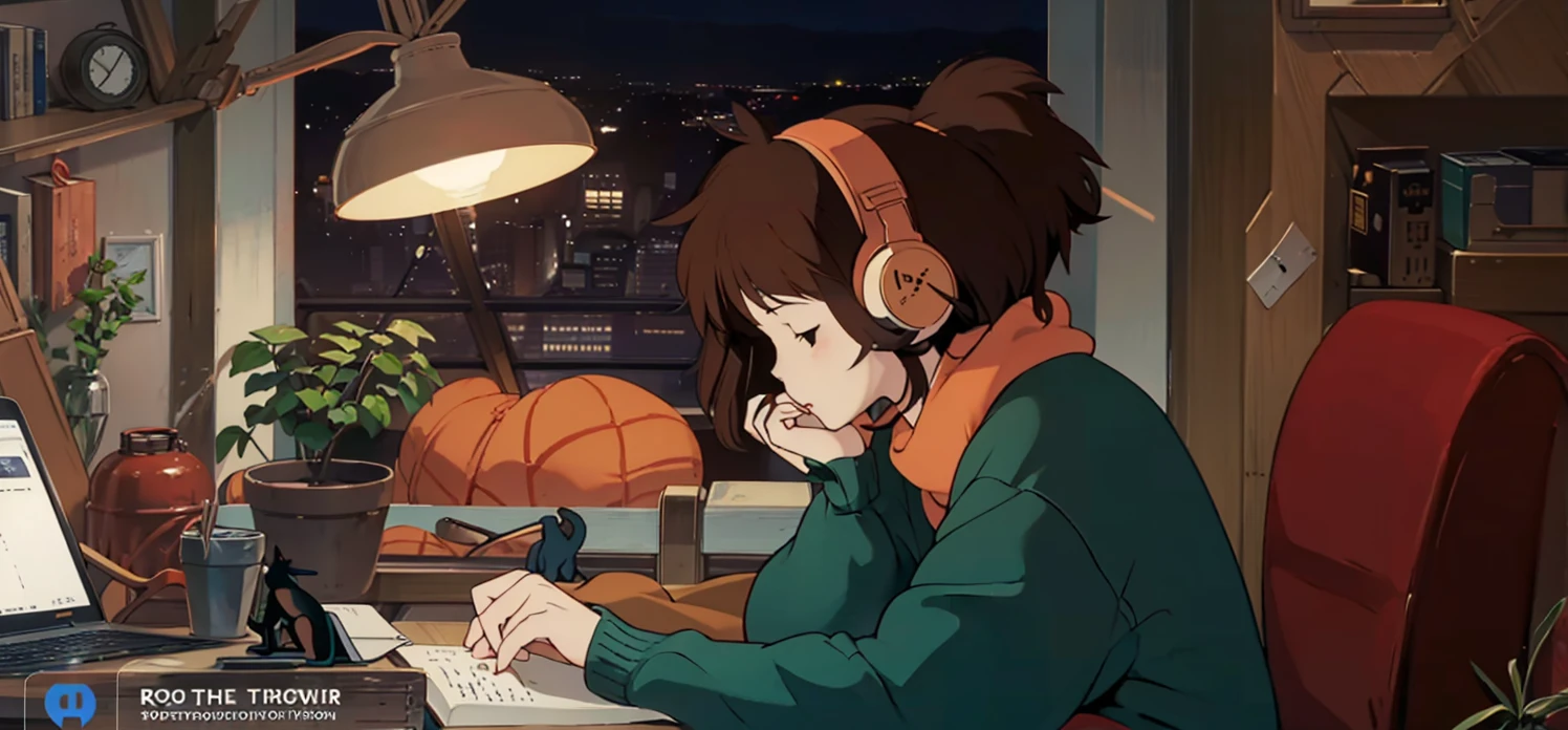 A detailed illustration of a brown-haired young woman wearing "LOFI" brand headphones, sitting at a wooden desk and writing in a notebook. She is wearing a red sweater and a white scarf. The setting is a cozy, dimly lit room at night with a city view from the window. There are various items on the desk, including a potted plant, a pencil holder, scissors and a laptop with a web page open. An orange cat is sleeping behind the potted plant. The room also has other decorations, such as a shelf filled with books, a lamp, small toys and photos. The overall atmosphere is peaceful and studious. An anime-style illustration of a woman wearing headphones studying at her desk. A night cityscape can be seen in the background, and a row of potted plants and stationery on the desk. We can also see a cat sleeping behind her.