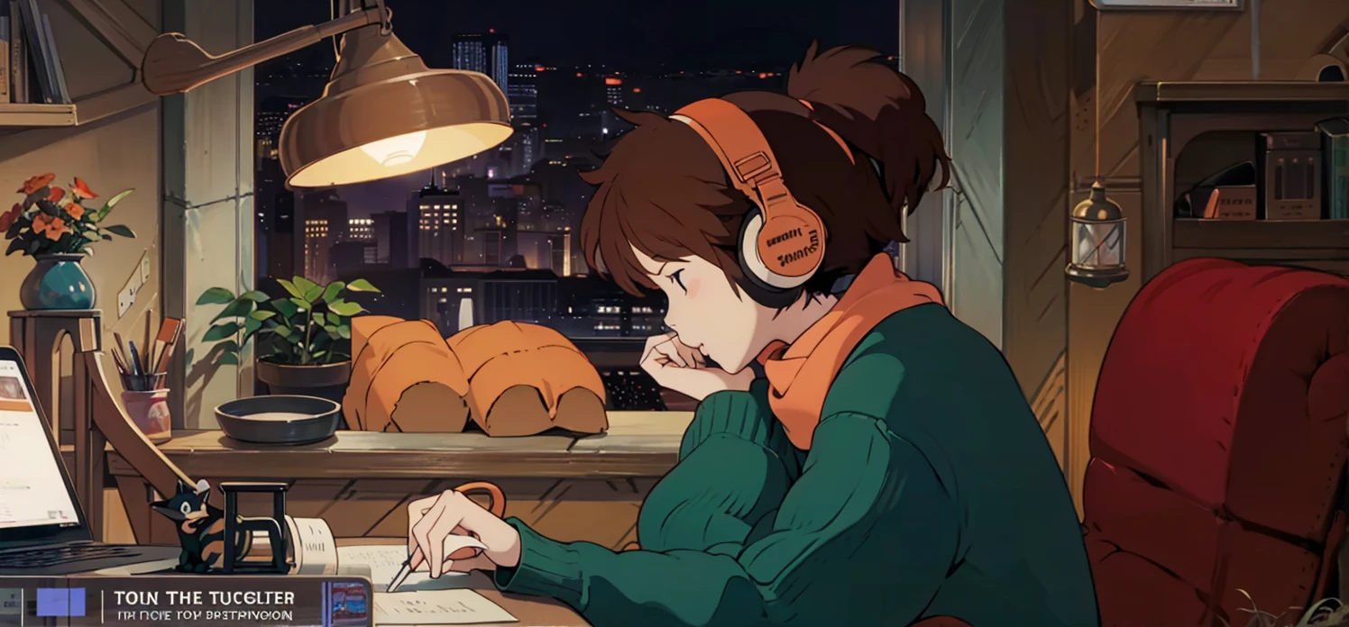 A detailed illustration of a brown-haired young woman wearing "LOFI" brand headphones, sitting at a wooden desk and writing in a notebook. She is wearing a red sweater and a white scarf. The setting is a cozy, dimly lit room at night with a city view from the window. There are various items on the desk, including a potted plant, a pencil holder, scissors and a laptop with a web page open. An orange cat is sleeping behind the potted plant. The room also has other decorations, such as a shelf filled with books, a lamp, small toys and photos. The overall atmosphere is peaceful and studious. An anime-style illustration of a woman wearing headphones studying at her desk. A night cityscape can be seen in the background, and a row of potted plants and stationery on the desk. We can also see a cat sleeping behind her.
