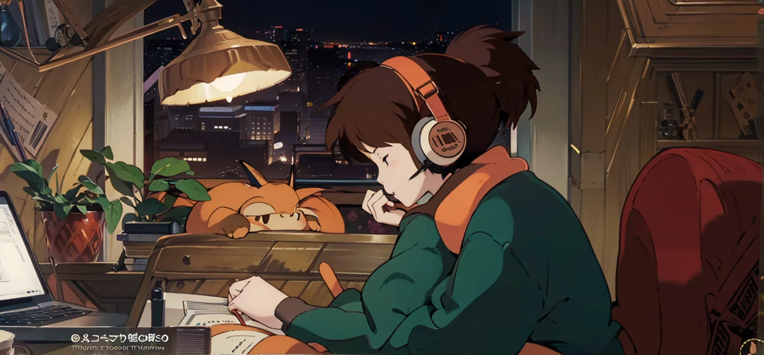 A detailed illustration of a brown-haired young woman wearing "LOFI" brand headphones, sitting at a wooden desk and writing in a notebook. She is wearing a red sweater and a white scarf. The setting is a cozy, dimly lit room at night with a city view from the window. There are various items on the desk, including a potted plant, a pencil holder, scissors and a laptop with a web page open. An orange cat is sleeping behind the potted plant. The room also has other decorations, such as a shelf filled with books, a lamp, small toys and photos. The overall atmosphere is peaceful and studious. An anime-style illustration of a woman wearing headphones studying at her desk. A night cityscape can be seen in the background, and a row of potted plants and stationery on the desk. We can also see a cat sleeping behind her.