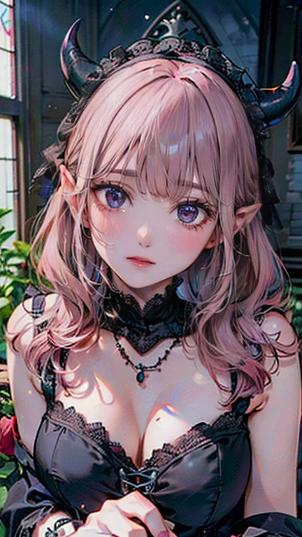 (masterpiece, Highest quality:1.3), (Very detailed:1.2), (hyperRealistic:1.3), (RAW Photos:1.2), High resolution raw color photos, Professional photos, (PhotoRealistic:1.4), (Realistic:1.4), (Pink Hair:1.5), Professional Lighting, Perfect Anatomy, (Big Breasts:1.3), (blush, Detailed face), (Bright smile:1.5), Trending Hair&Trending Hairカラーをランダムに, Earrings, necklace, bracelet, sexy, erotic sexy, ランダムなsexyなグラビアポーズ, (Beautiful cosplayer in a red and black gothic ta dress、The mysterious smile of an old church、Black rose in hand。Lace headdress on head、She is wearing black boots。: 1.3)、Succubus、devil、It has two red horns on its head.、Has two horns on its head,Big horn