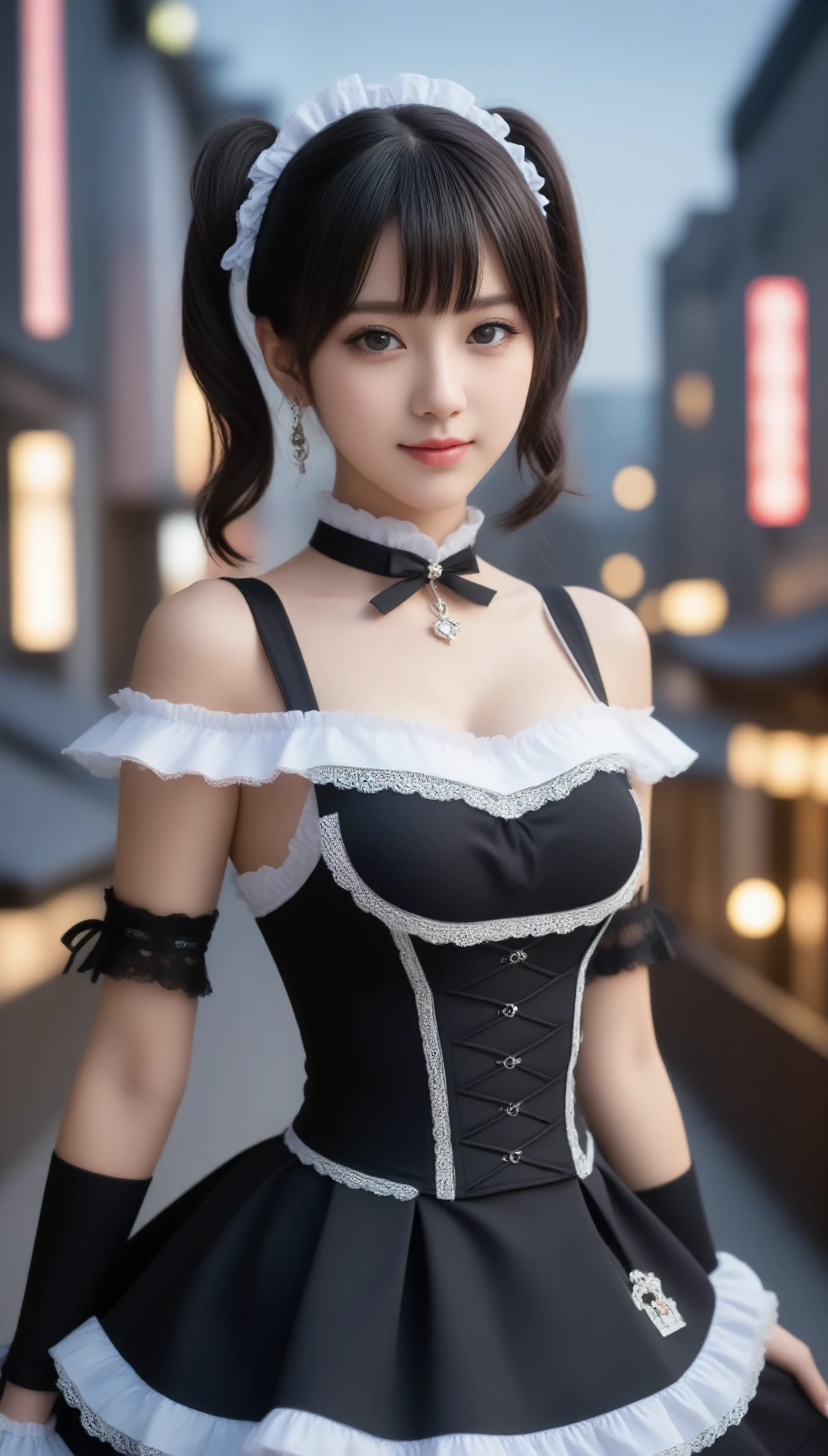 1womanl,(realisticlying,realisticlying:1.5),(tmasterpiece),(best qualtiy:1.4),(hyper HD:1.2),(RAW photogr:1.2),(sharpfocus:1.3),(Face focus:1.2),japanaese girl,Professional clothing,(young 17 years old:1.1),(joyful smile:1.5),(Hairy cuts:1.6),(Japanese idol costume white,Black and pink:1.4),(beautyface:1.7),(Beautiful dress in detail:1.4),Gothic maid,(Professional photos of Japanese girls), middlebreast, (: 1.3), (Wide open chest),short detailed hair, (Detailed redheads), (twosideup), (peeping at the viewer: 1.2), (Music DJ cover art: 1.1), ( Music Design Art Stage: 1.4), (simple grey background: 1.6), Gorgeous golden lights, Break, (The large), beatiful detailed eyes, (adolable)
