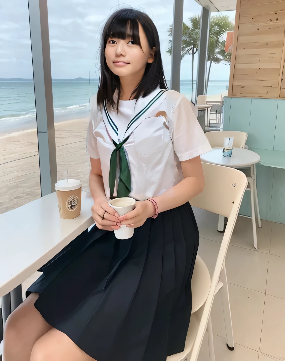 Super detailed,Highest quality,1 high school girl,,sitting in a seaside cafe,Sitting in a chair,She is wearing a white short-sleeved blouse and a black pleated mini skirt.,I can see the ocean in the distance,There is a coffee cup on the table in the cafe,Illuminated by the summer sun,Daytime sunlight,You can see the blue sky and the sea,Bracelet on arm,pink nail polish on fingers,Sitting with legs together,Wearing sneakers,Distant scenery is blurry