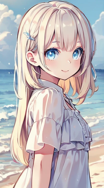 Beautiful woman, Blond hair blowing in the wind, Sparkling blue eyes, Realistic, masterpiece, Detailed, 4K, Beach Background, Detailed light, A small smile, White skin