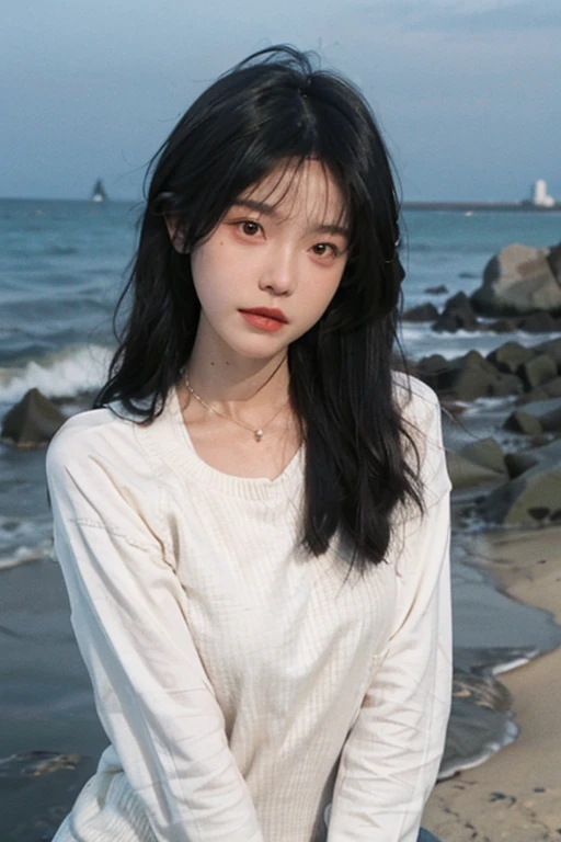 best qualtiy, Ultra-high resolution, (realisticlying:1.4),cute hairpin,1girll,Red long-haired,Six-point sweater ,Beautiful woman with a slim figure:1.4, Pronounced abs,On the sandy beach,Ultra-fine face,Elaborate Eyes,double eyelid,choker necklace