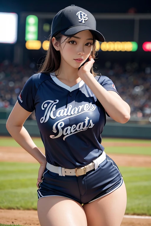 (Highest quality,8k,High resolution,Masseter muscle area:1.2),Very detailed,((Pitcher 1 before pitching.2)),((High quality and clear photos)),Dynamic Angle,((Shiny skin 1.5)),Women's Softball Players,((Sweatだく1.5)),Wearing a baseball cap,cute,sporty,Attractive face,((Short sleeve baseball uniform,Shorts 1.3)),Beauty Face,Extremely realistic skin,Wet Skin,Sweat,Large Breasts,Tight waist,Beautiful legs ,((Thighs)),sporty,Baseball Stadium,Cinema Lighting,