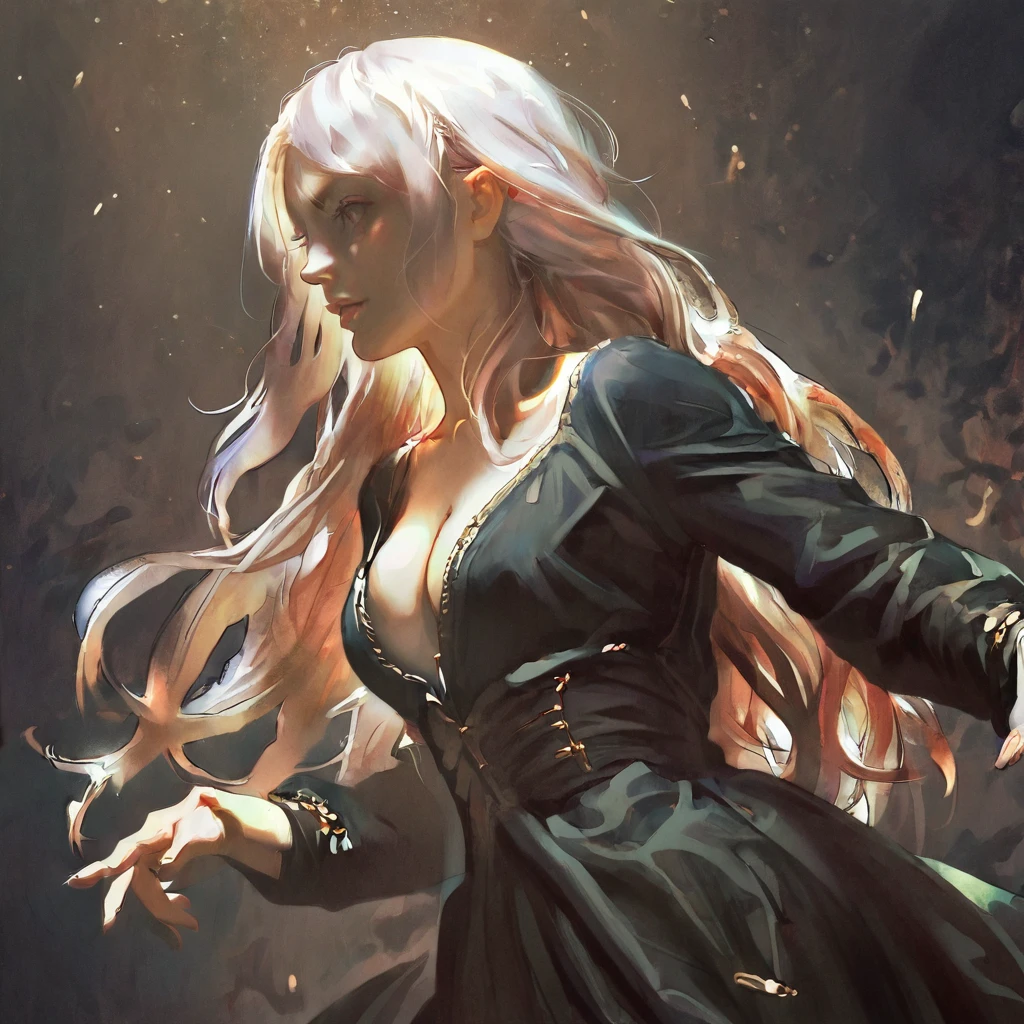 score_9, score_8_up, score_7_up, score_6_up, score_5_up, score_4_up, fkey70, h3l3n, masterpiece, best quality, high quality, hyperrealistic anime painting, anime painting, loose long hair, black background, dramatic diagonal lighting, painterly, realistic painting, soft feature, detailed clothes, detailed, rembrandt lighting, solo, 1girl, white hair, black dress, long sleeves, cleavage