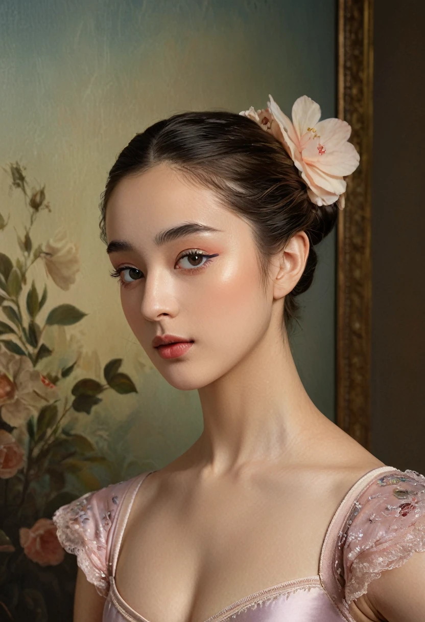 (highres,masterpiece:1.2),(realistic:1.37)"(best quality, highres, ultra-detailed, realistic),beautiful 19th-century portrait of a 20-year-old French ballet dancer, (She is half French and half Japanese, and is a stunning beauty with detailed eyes and a high nose:1.1), thick eyebrows, (elaborate ballet costume:1.4), detailed facial features, long graceful neck, flowing locks of hair, poised and elegant posture, soft and delicate lighting, classic oil painting medium, vibrant colors, subtle background with floral motifs", dreamy atmosphere, Surrealism,mystical aura, Charlie Bowater, 19th-century France, seductive, (best quality,4k,8k,highres,masterpiece:1.2), ultra-detailed, (realistic,photorealistic,photo-realistic:1.37),(Numerous award-winning masterpieces, incredibly detailed and textured, maximal resolution and clarity), (Hyper-realistic:1.4), sexy look
