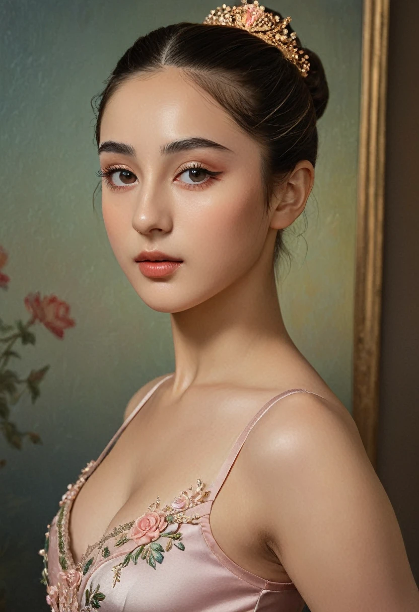 (highres,masterpiece:1.2),(realistic:1.37)"(best quality, highres, ultra-detailed, realistic),beautiful 19th-century portrait of a 20-year-old French ballet dancer, (She is half French and half Japanese, and is a stunning beauty with detailed eyes and a high nose:1.1), thick eyebrows, (elaborate ballet costume:1.4), detailed facial features, long graceful neck, flowing locks of hair, poised and elegant posture, soft and delicate lighting, classic oil painting medium, vibrant colors, subtle background with floral motifs", dreamy atmosphere, Surrealism,mystical aura, Charlie Bowater, 19th-century France, seductive, (best quality,4k,8k,highres,masterpiece:1.2), ultra-detailed, (realistic,photorealistic,photo-realistic:1.37),(Numerous award-winning masterpieces, incredibly detailed and textured, maximal resolution and clarity), (Hyper-realistic:1.4), sexy look