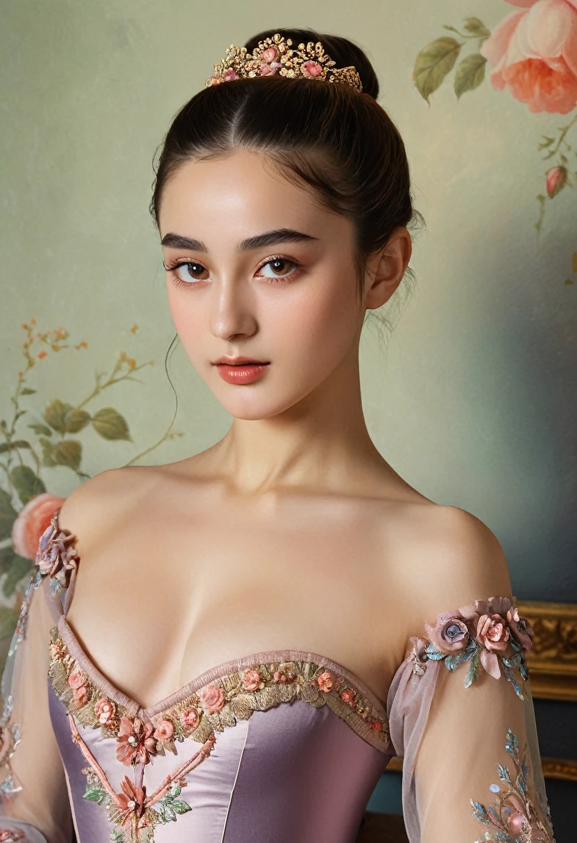 (highres,masterpiece:1.2),(realistic:1.37)"(best quality, highres, ultra-detailed, realistic),beautiful 19th-century portrait of a 20-year-old French ballet dancer, (She is half French and half Japanese, and is a stunning beauty with detailed eyes and a high nose:1.1), thick eyebrows, (elaborate ballet costume:1.4), detailed facial features, long graceful neck, flowing locks of hair, poised and elegant posture, soft and delicate lighting, classic oil painting medium, vibrant colors, subtle background with floral motifs", dreamy atmosphere, Surrealism,mystical aura, Charlie Bowater, 19th-century France, seductive, (best quality,4k,8k,highres,masterpiece:1.2), ultra-detailed, (realistic,photorealistic,photo-realistic:1.37),(Numerous award-winning masterpieces, incredibly detailed and textured, maximal resolution and clarity), (Hyper-realistic:1.4), sexy look