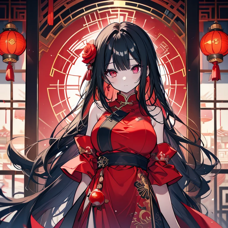 1 girl、Mature、Ample breasts、Long Hair、Trimmed hair、Shiny black hair、Red Eyes、Slanted Eyes、Alluring、Shoulder Bare、China dress、Mini length、husk tomato、husk tomatoのピアス、dusk、Chinatown、The lantern shines、sit、Deep slit、rose、High resolution、Highest quality