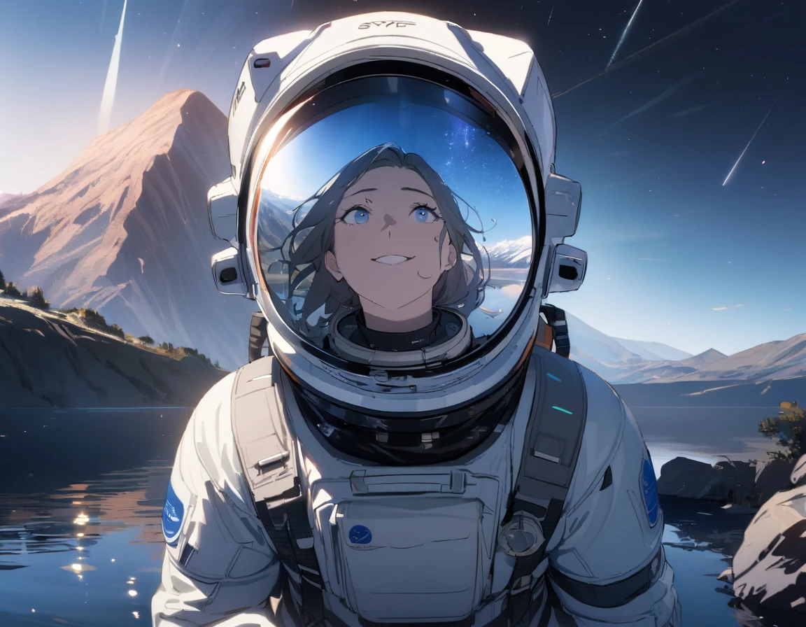 1girl, solo, mature female, SyFyEye1, astronaut, spacex, spacesuit, glass reflection, refraction, eye reflection, portrait, looking up, happy, amazed, awestruck, standing, outdoors, scenery, rocky surface, mountainous horizon, starry sky, lake, water, caustics, lens flare, science fiction, cinematic, filmic, high budget, (masterpiece), (best quality), (ultra-detailed), very aesthetic, illustration, perfect composition, intricate details, absurdres,