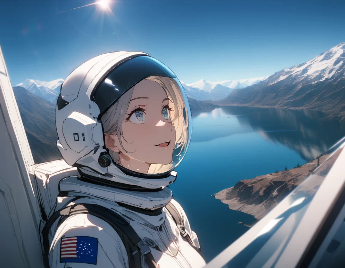1girl, solo, mature female, SyFyEye1, astronaut, spacex, spacesuit, glass reflection, refraction, eye reflection, portrait, looking up, happy, amazed, awestruck, standing, outdoors, scenery, rocky surface, mountainous horizon, starry sky, lake, water, caustics, lens flare, science fiction, cinematic, filmic, high budget, (masterpiece), (best quality), (ultra-detailed), very aesthetic, illustration, perfect composition, intricate details, absurdres,