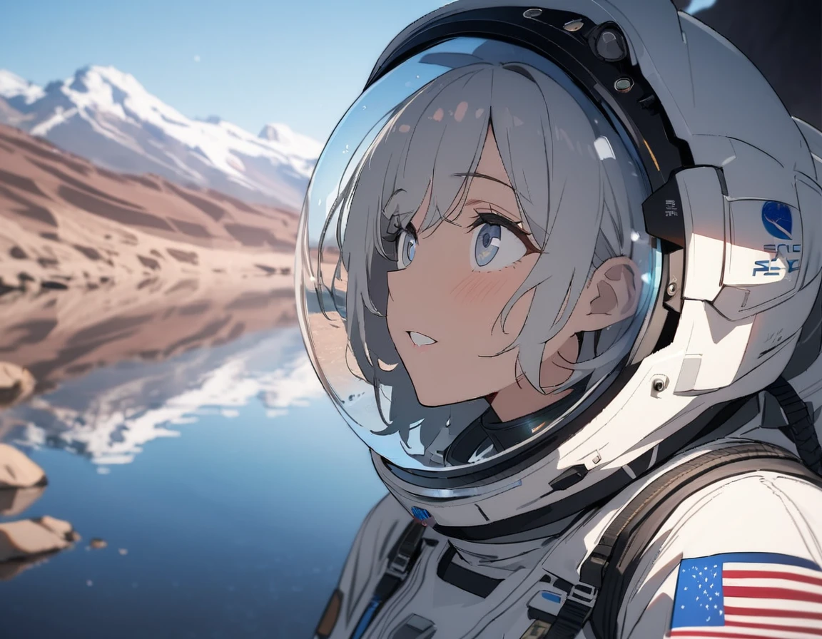 1girl, solo, mature female, SyFyEye1, astronaut, spacex, spacesuit, glass reflection, refraction, eye reflection, portrait, looking up, happy, amazed, awestruck, standing, outdoors, scenery, rocky surface, mountainous horizon, starry sky, lake, water, caustics, lens flare, science fiction, cinematic, filmic, high budget, (masterpiece), (best quality), (ultra-detailed), very aesthetic, illustration, perfect composition, intricate details, absurdres, 