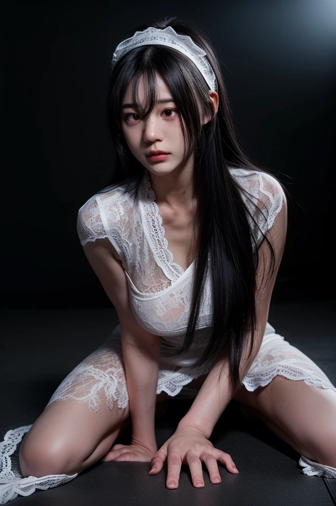 A realistic taste of Japanese horror movies ((masterpiece)), (best quality), (ridiculous quality), high resolution, 32k, (realistic: 1.4), light gray black hair, hyper-realistic photo Nuse, (((torn Sexy white lace dress ))), ((gray skin)) Long hair covering the eyes, face covering the eyes, long hair fully hiding the face. scary woman An abandoned hospital dark atmosphere Extra large cleavage, full body image, view of the whole room (crawling on hands and knees on the floor), slender figure, add a nurse's cap, large breasts, detailed breasts. (facing the audience), The body is distorted. full of wounds and blood