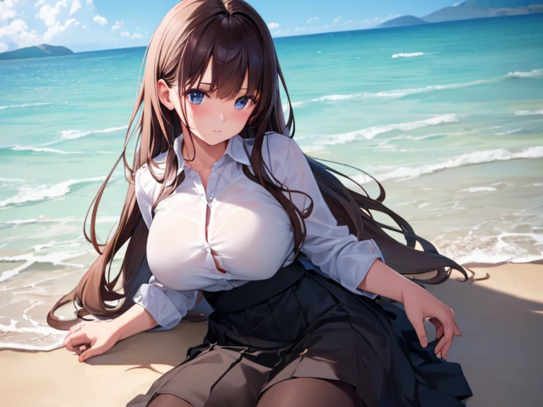 Very detailed, High resolution, (practical, Realistically: 1.4), 8k, RAW Photos, (Highest quality), Physically Based Rendering, Female university student, Brown long hair, Beach, White Shirt、skirt,Large Breasts,white transparent