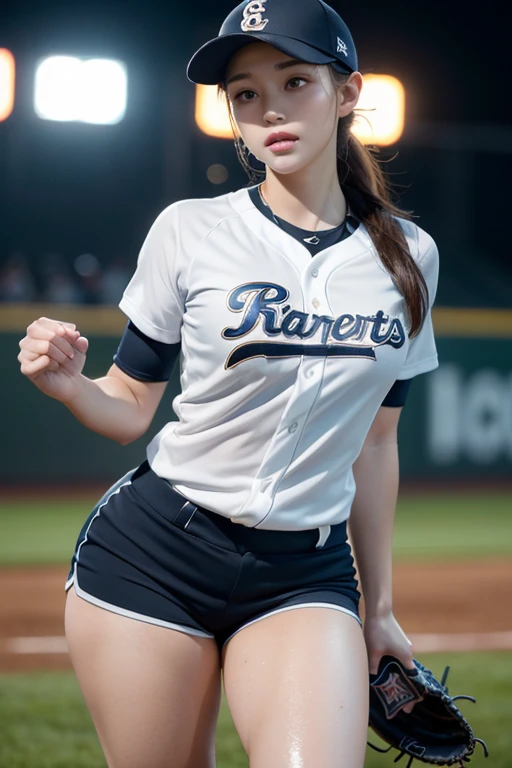 (Highest quality,8k,High resolution,Masseter muscle area:1.2),Very detailed,((Pitcher 1 before pitching.2)),((High quality and clear photos)),Dynamic Angle,((Shiny skin 1.5)),Women's Softball Players,((Sweatだく1.5)),Wearing a baseball cap,cute,sporty,Attractive face,((Short sleeve baseball uniform,Shorts 1.3)),Beauty Face,Extremely realistic skin,Wet Skin,Sweat,Large Breasts,Tight waist,Beautiful legs ,((Thighs)),sporty,Baseball Stadium,Cinema Lighting,