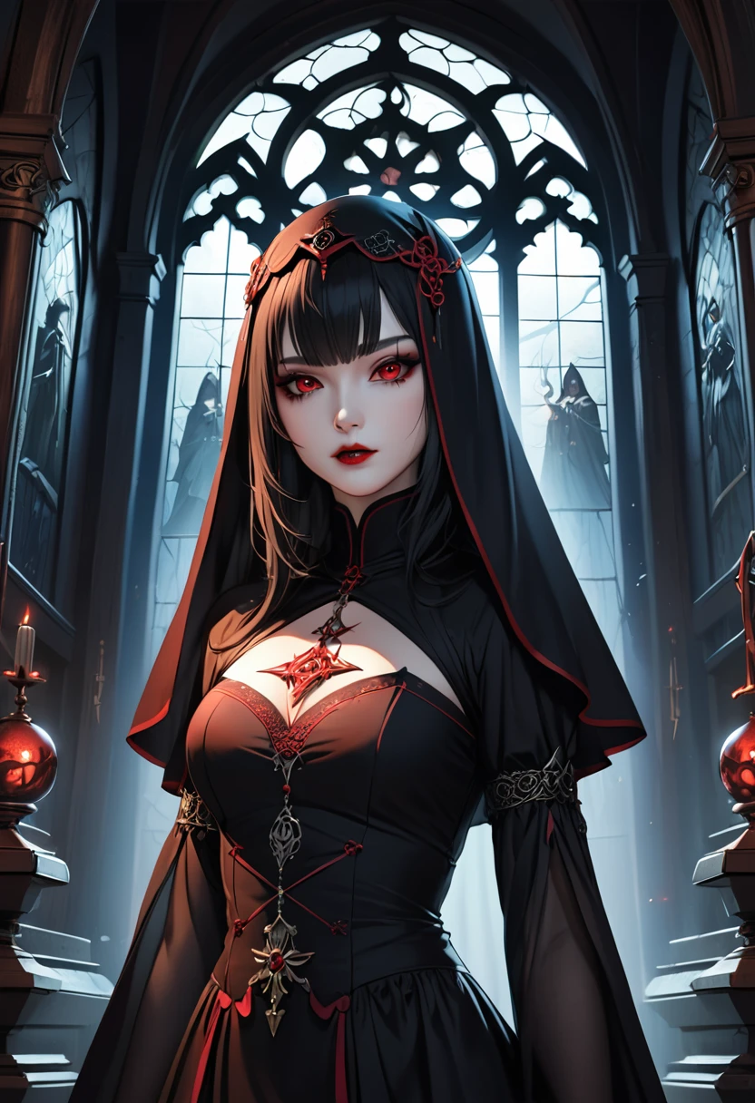 Create an image set with a photorealistic dark chapel, Illuminated only by moonlight, Featuring an anime-style girl character as the central character. She is portrayed as an evil guru., She is wearing a jet black dress with a striking black veil., Pale skin, And long black nails. Her eyes are bright red, Adding to her eerie presence. Pagan God々Surround her with symbols of, Integrating them into the dark chapel environment. The contrast between the realistic chapel and the stylized anime girl should be striking., Emphasizing the integration of various artistic mediums.