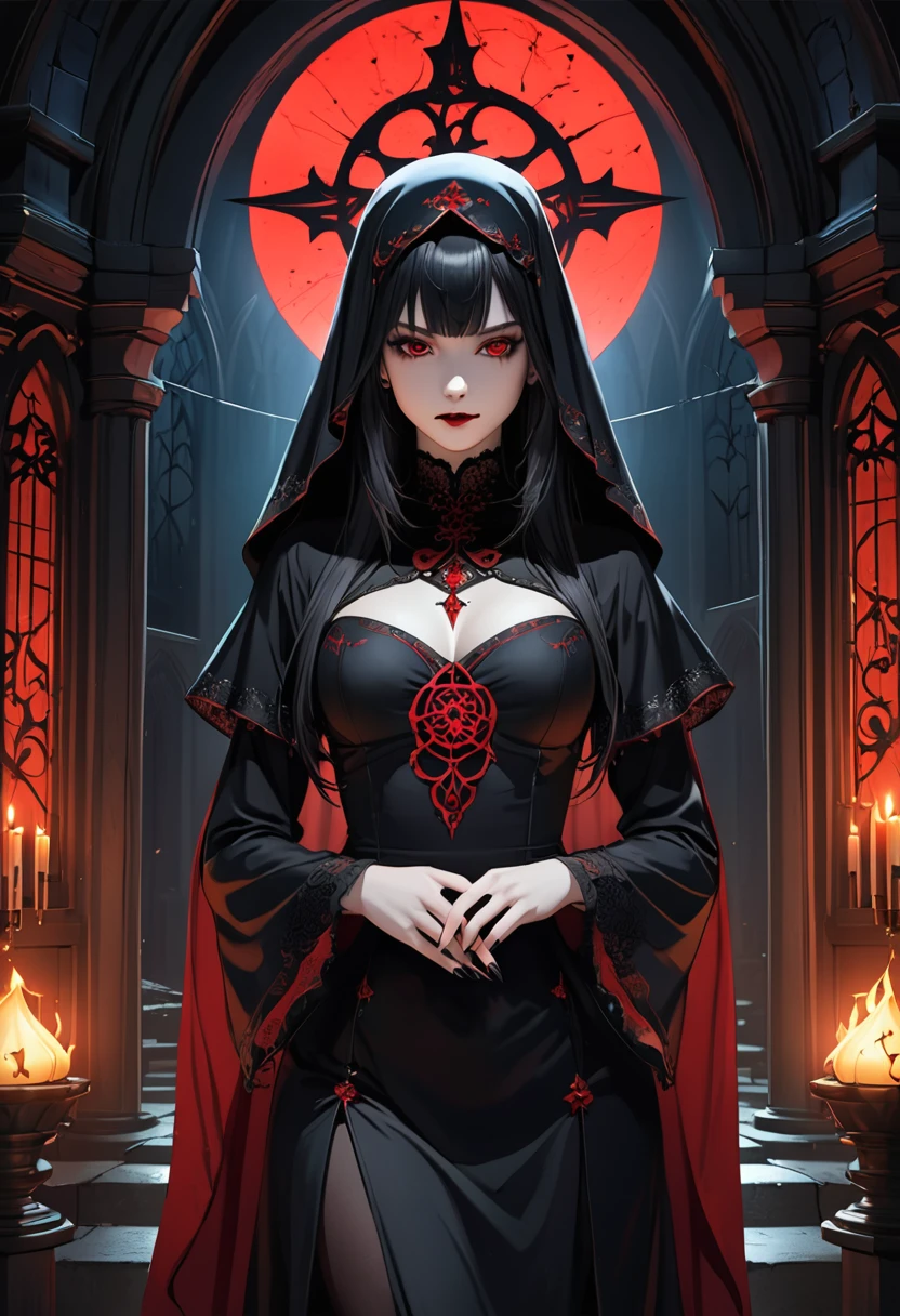 Create an image set with a photorealistic dark chapel, Illuminated only by moonlight, Featuring an anime-style girl character as the central character. She is portrayed as an evil guru., She is wearing a jet black dress with a striking black veil., Pale skin, And long black nails. Her eyes are bright red, Adding to her eerie presence. Pagan God々Surround her with symbols of, Integrating them into the dark chapel environment. The contrast between the realistic chapel and the stylized anime girl should be striking., Emphasizing the integration of various artistic mediums.