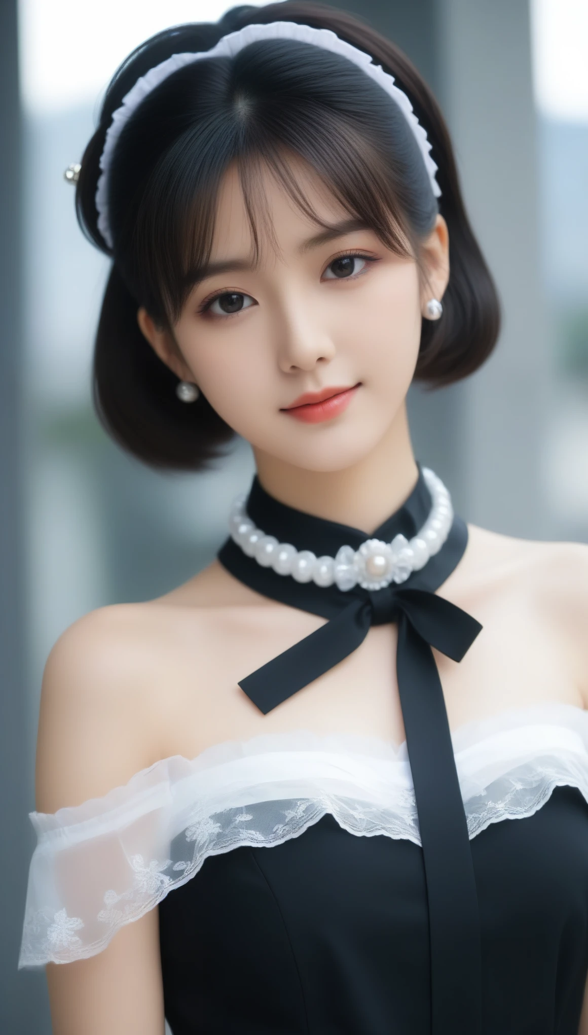 8k, Ultra-high resolution, Highest quality, masterpiece, 三分割法によるphotograph,Surreal, photograph, 1 Girl, (:1.3), pretty girl, Cute Face, Beautiful eyes in every detail, 細かくdetailedに,masterpiece,One Girl:1.2,Japanese female announcer,cowboy shot,grin,Black short hair,Short ponytail,Maid Android,((Fusion of Gothic Lolita and Lolita fashion:1.3)),bracelet, chest, choker, clavicle, Earrings,Futuristic cityscape ,Perfect and beautiful face ,完璧でCute Face, Skin with attention to detail, Perfect limbs、Narrow waist,Looking at the audience,(((Ideal body type))),Aカップの小さなchest :2,Portraiture:2,Perfect Anatomy,鮮明なdetailed,detailed,Surreal,Light and shadow,spotlight