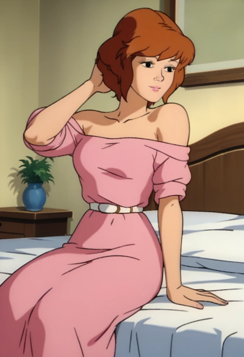 score_9, score_8_up, score_7_up,  
apriloneil, bare shoulders, pink dress, indoors, lipstick, sleeves rolled up, inside bedroom, retro_artstyle, cartoon, source_cartoon, lowres, 1990s_(style), sitting on bed, shy, light smile, one arm behind head ,