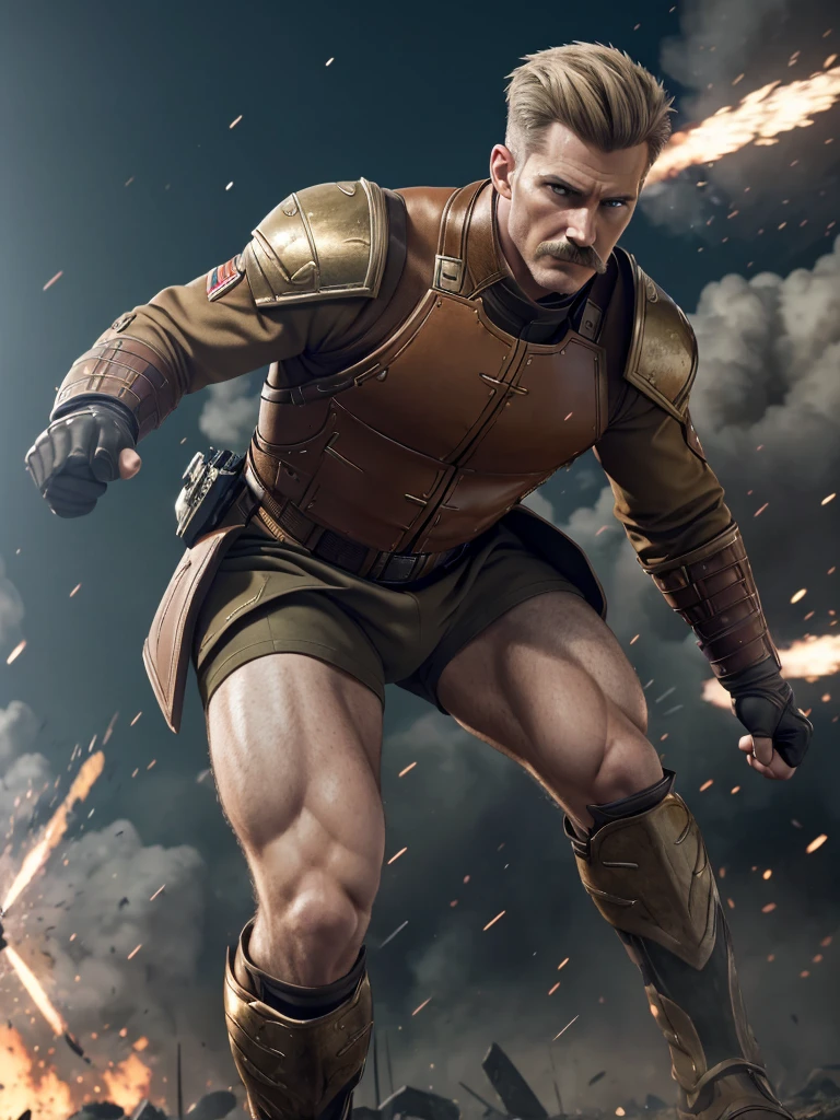 (masterpiece), (best quality, high quality):1.3, a head and full body shot of a very handsome moustache commander hunk dramatically fighting at the battlefield, warzone, very symmetric male head, handsome face, symmetric eyes, crooked nose, long chin, very short hair buzzed at sides, blonde moustache, wearing male trunks, intense war field bokeh background, high res, ultra detailed, very intricate, real life, best dynamic pose, best dynamic angle, male clothes only, very clear, very smooth. (full height, male focus), break, (absurdres, new, newest, exceptional, best male commander fighting aesthetic composition, epic detailed, very original, very dynamic, creative, commander battle war movie scene, cinematic, movie still, cinestill, film still), impressive, best battle scene, capcom, ufotable