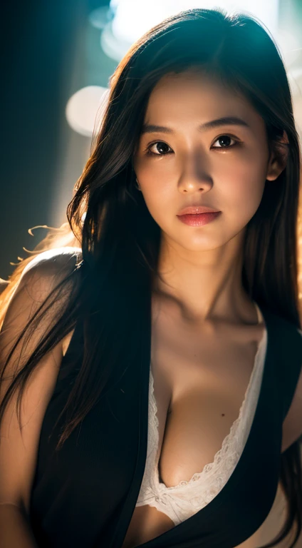 highest quality, epic realistic, (in the pitch black darkness :1.4), ((portrait:1.5)),(background: dark ) high contrast ,glorious picture, lowest lux, lighting face, she's comfortable, wearing nothing, , looks incredible, (8k, Raw photo, Highest quality),(epic realistic:1.5), a woman, face,(detailed eyes:0.8),(looking at the camera:1.4), (Highest quality), ( high contrast, deep shadows),Intricate details,cinematic,((skin:1.4)), (long dark hair:1.3), long hair, messy ,(Hdr:1.5),Detailed, colors, Superior quality, Masterpiece, Raw Photo (20-year-old, looking at viewer), beautiful, (wearing unbotton white secretary shirt), perfect, puffed breasts, ample cleavage, perfect composition, portrait, perfect face, smiling expression, Captivating eyes, Bright details, Tight lips, (High Skin Detail),, (blue tint: 0.6), (sale: 0.8), (bloody: 0.7), Key lighting , (backlight: 0.9), Medium depth of field, Canon 5d, 50mm lens, f/4 apertures, (Ultra-detailed, Complex detail), sharp focus, soft colors, 8k, Absurd, 80mm, bokeh background, photography, soft smile, pinay, filipina, neon lights background, flare. nsfw