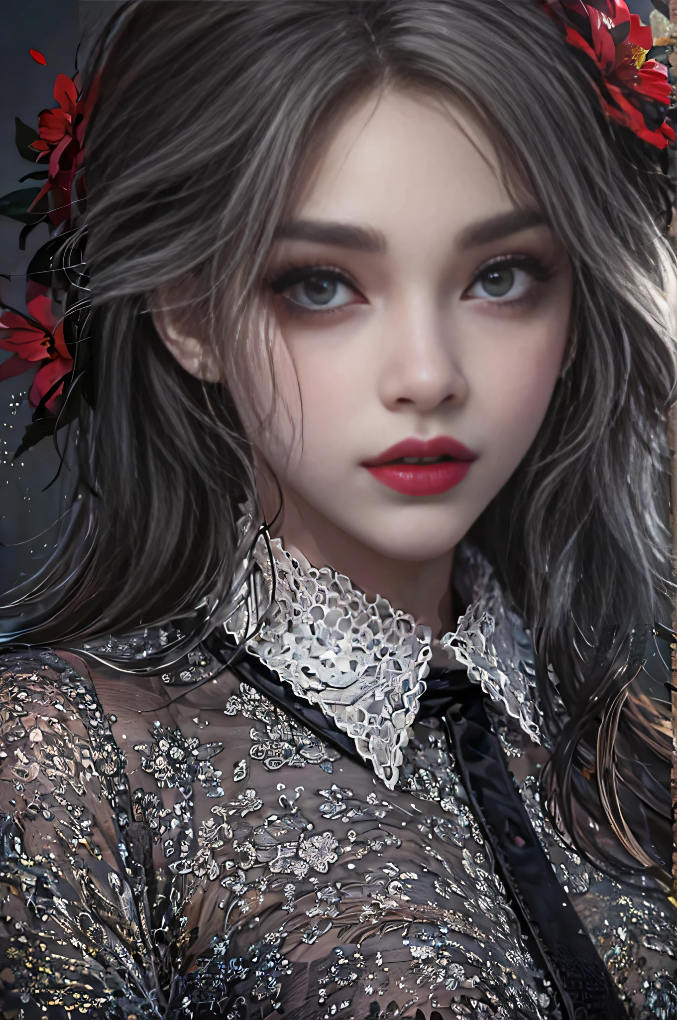 Girl portrait photography, Realistic, High resolution, 1 female, alone, Upper Body, Beautiful Eyes, Close your lips, Detailed face, Gray Hair, Long Hair, Collared shirt, Black tie,Black Skirt, Pencil Skirt, Fur coat, stockings,(Black lace panties are visible),(Red flower ornament),