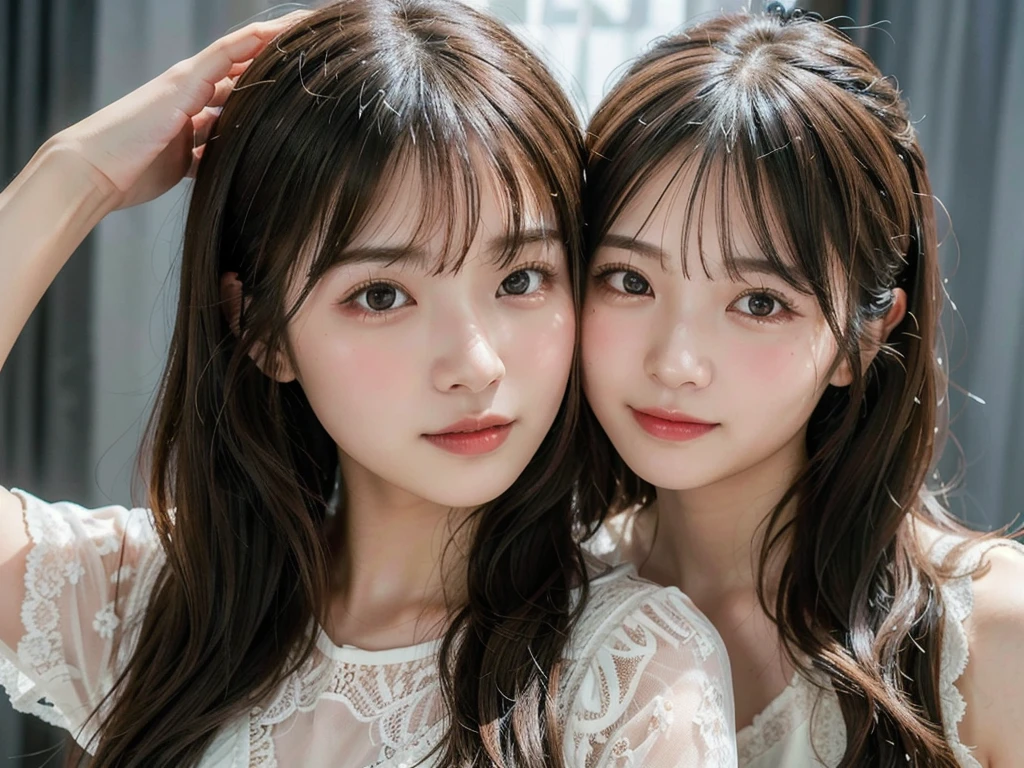 Two beautiful girls,Cheek to cheek，Embrace each other,(Highest quality,masterpiece:1.3,超High resolution),(Very detailed,Caustics,8k),(Realistic:1.4,RAW shooting),Super detailed, 超High resolution, Rembrandt Lighting, Detailed lips、Ray Tracing,Detailed skin texture, Two Girls,18-year-old,Japanese,黒いLong Hair,耳前にLong Hair, (Long Hair:1.2), (Wavy Hair:1.2), (鈍いbangs:1.2), Chest-up shot,Ultra high definition 8K,Highest quality,Very detailedな,masterpiece,Realistic,Rich details,Photographic realism,Very detailedな環境,Very detailedな照明,Very detailedな詳細,,Detailed skin texture,Scattered under the surface,(blush:0.5),Photographic works,A slightly sad expression,Beautiful, shining lips, Detailed face、 bangs, Hair between the eyes, (Tangled in lace curtains:1.5),Looking into the camera,Top view angle,,Natural light, masterpiece, Highest quality, High resolution, ,(Face Focus:1.1),(Face close-up:1.1),Sunset