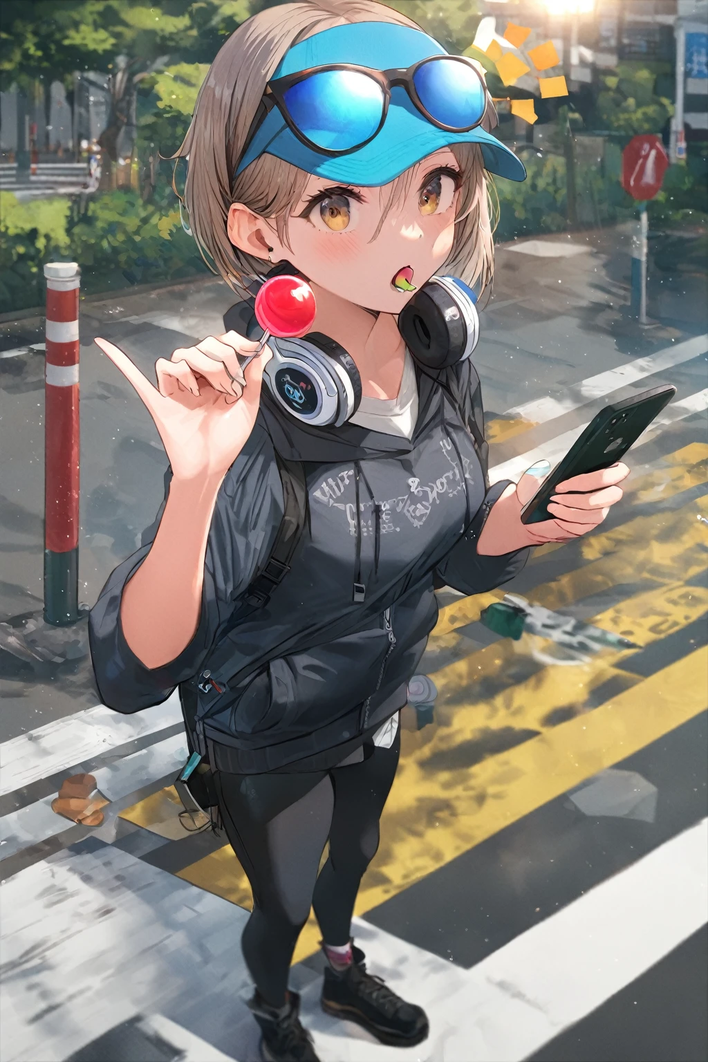 (extremely detailed fine touch:1.3), (((sun glasses:1.3))), (wear silver headphones around neck:0.8), short hair, blunt bangs, 1girl, solo, 2.5d face, full body, standing, sucking lolipop, black tubetop shirt, oversize black workpants, black boots, (handling_smart_phone, smart_phone:1.2), extremely detailed tokyo city street,