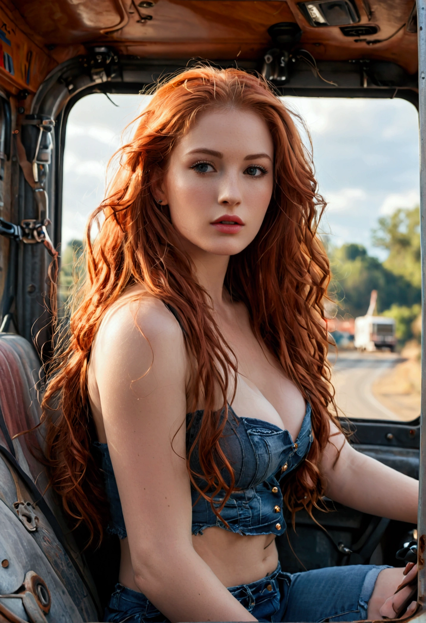 (full body shot:1) photorealistic image of a (standing pose:1) ultrarealistic, photography, long red hair, woman, 24 years old, hourglass figure, perfect body, Flirty look, natural medium breasts, blur background, she is sitting in the passenger side of a huge 16 wheeler truck, she wears slutty clothes, she looks over seductively to the driver's side