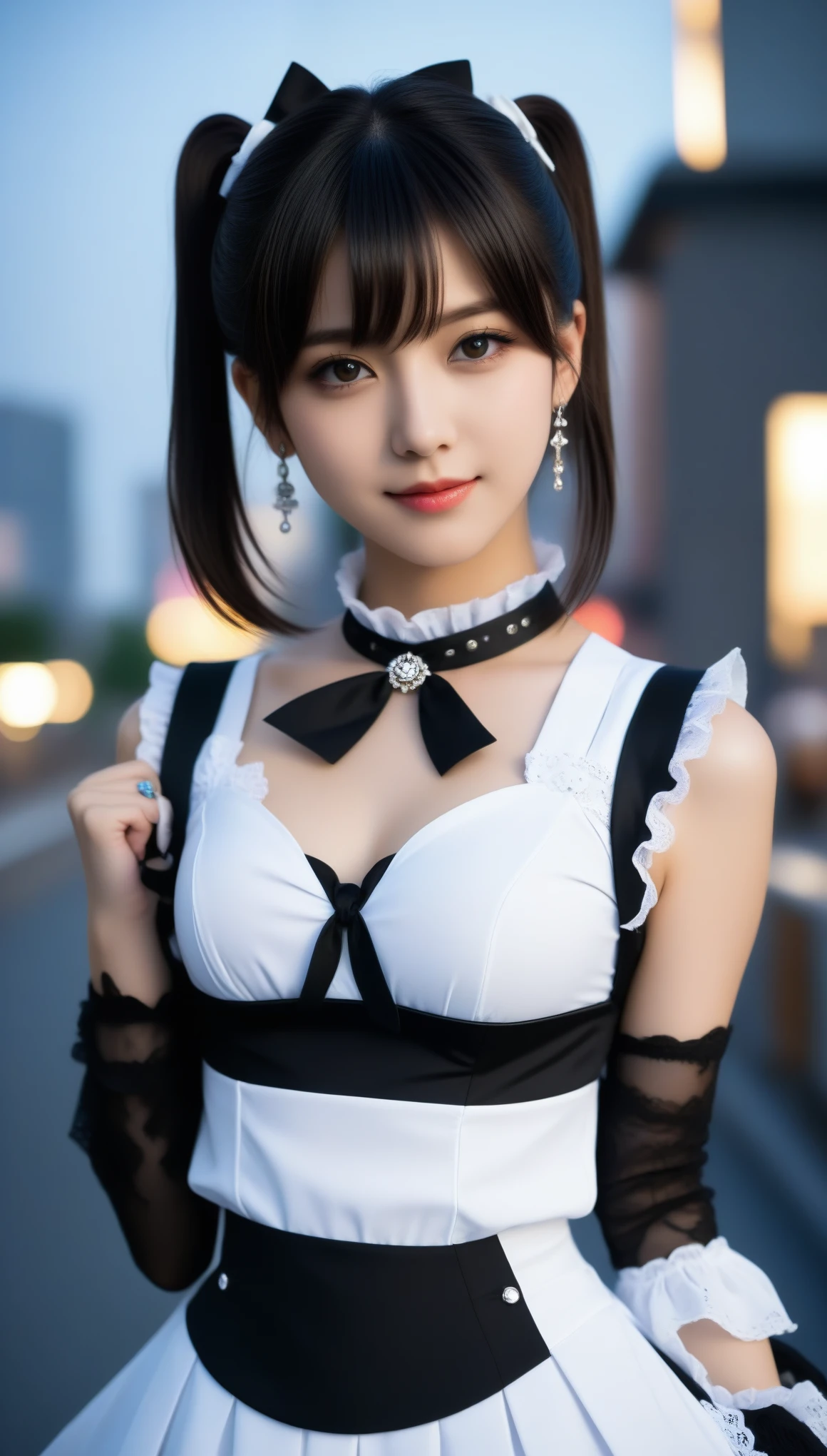 8k, Ultra-high resolution, Highest quality, masterpiece, 三分割法によるphotograph,Surreal, photograph, 1 Girl, (16 years old:1.3), pretty girl, Cute Face, Beautiful eyes in every detail, 細かくdetailedに,masterpiece,One Girl:1.2,Japanese female announcer,cowboy shot,grin,Black short hair,Short ponytail,Maid Android,((Fusion of Gothic Lolita and Lolita fashion:1.3)),bracelet, chest, choker, clavicle, Earrings,Futuristic cityscape ,Perfect and beautiful face ,完璧でCute Face, Skin with attention to detail, Perfect limbs、Narrow waist,Looking at the audience,(((Ideal body type))),Aカップの小さなchest :2,Portraiture:2,Perfect Anatomy,鮮明なdetailed,detailed,Surreal,Light and shadow,spotlight