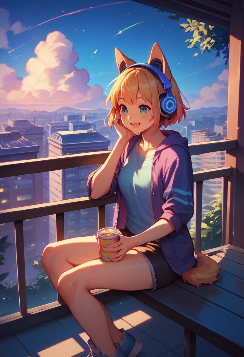 Girl sitting on balcony , Feel the view outside、look , Focus on the night city ,2D Game Art Styles ,Chinstill 50, Put headphones on your ears , Sing a song , at night, Colorful animation skills, A dog is sitting next to a girl