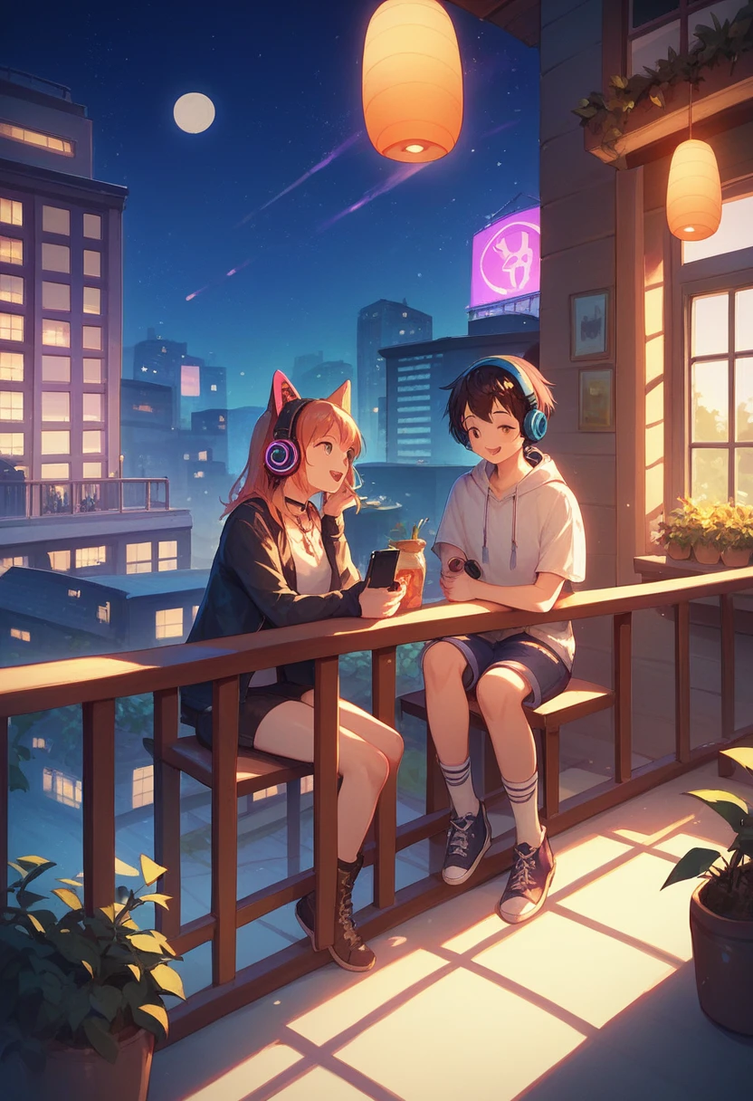 Girl sitting on balcony , Feel the view outside、look , Focus on the night city ,2D Game Art Styles ,Chinstill 50, Put headphones on your ears , Sing a song , at night, Colorful animation skills, A dog is sitting next to a girl