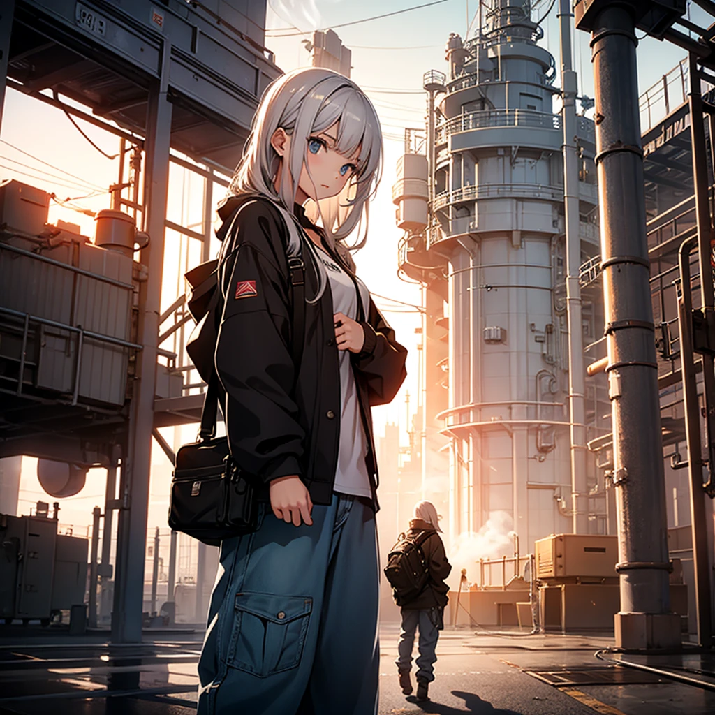 Girl Fixing a clock, engineer, industry, baggy clothes, smoke