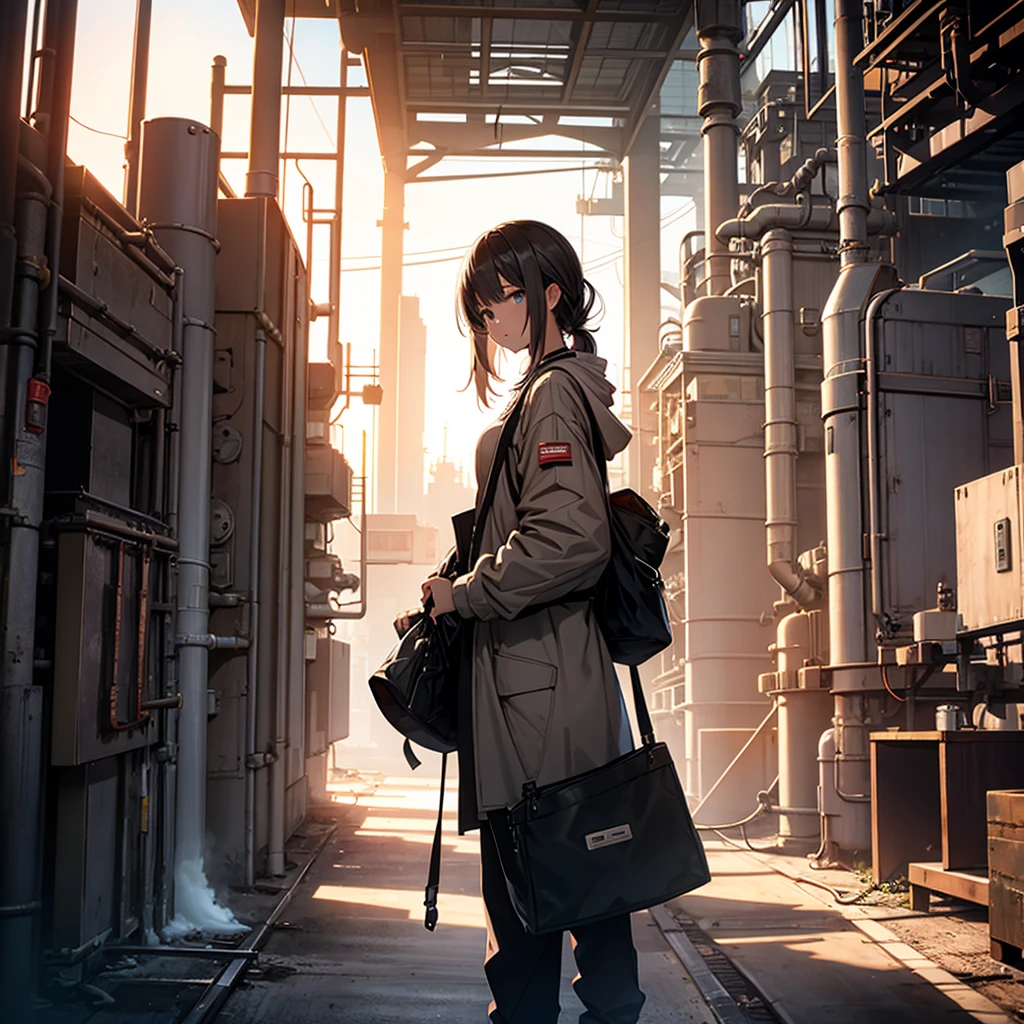 Girl Fixing a clock, engineer, industry, baggy clothes, smoke