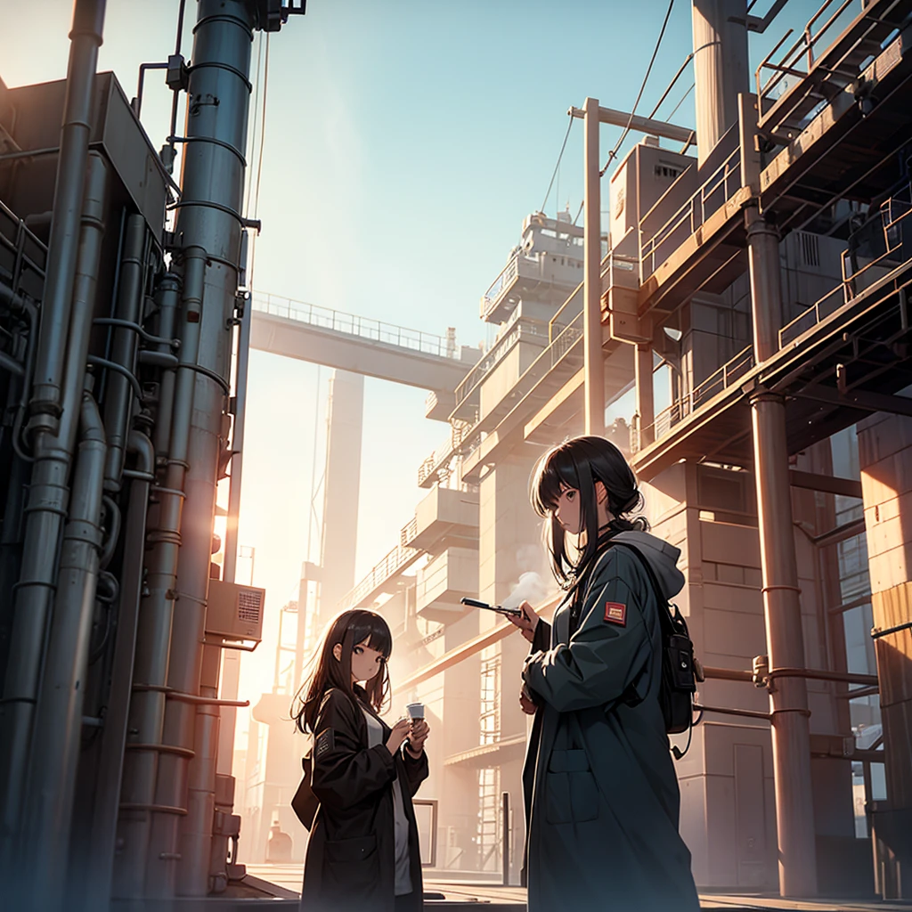Girl Fixing a clock, engineer, industry, baggy clothes, smoke