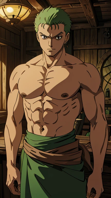 (1man, roronoa zoro), (extremely detailed CG unit 8k wallpaper),(master part), (best quality), (ultra detail), (best illustration),(ghibli style), cowboy shot, (Sharp eyeliner, ombre, detail eyes:1), dark tavern interiors background, ,break , (salvagepirateworld), upper body,