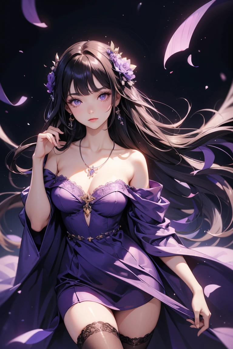 Off-the-shoulder dress，masterpiece, Highest quality, High resolution, 1 girl, Super High resolution, alone, stockings, Purple eyes, , Long Hair, bangs，necklace