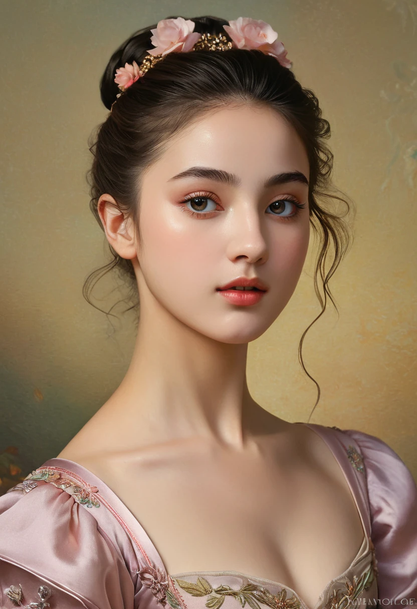 (highres,masterpiece:1.2),(realistic:1.37)"(best quality, highres, ultra-detailed, realistic),beautiful 19th-century portrait of a 20-year-old French ballet dancer, (She is half French and half Japanese, and is a stunning beauty with detailed eyes and a high nose:1.1), thick eyebrows, (elaborate ballet costume:1.4), detailed facial features, long graceful neck, flowing locks of hair, poised and elegant posture, soft and delicate lighting, classic oil painting medium, vibrant colors, subtle background with floral motifs", dreamy atmosphere, Surrealism,mystical aura, Charlie Bowater, 19th-century France, seductive, (best quality,4k,8k,highres,masterpiece:1.2), ultra-detailed, (realistic,photorealistic,photo-realistic:1.37),(Numerous award-winning masterpieces, incredibly detailed and textured, maximal resolution and clarity), (Hyper-realistic:1.4), sexy look