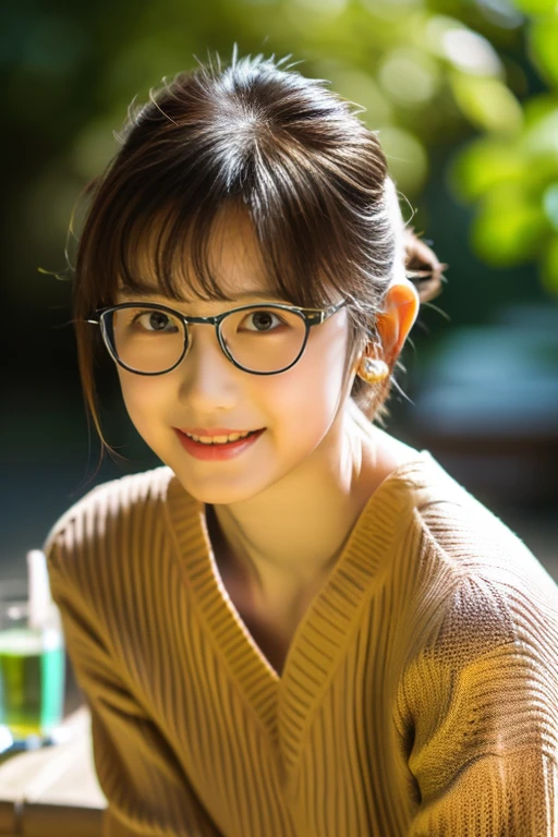 (8k, RAW photo, best quality, masterpiece), (photo realistic), outstanding details, ultra-high resolution, anatomically correct, textured skin, (Extremely precise and accurate anatomy),
Ultra Detailed Face, Detailed Eyes,
A cute 35 year old Japanese girl, (Relaxing at an open-air cafe in the forest), Iced tea on the table,
cowboy shot, (looking at viewer:1.4),
(faint smile), (Mouth slightly open:0.1),
(chignon:1.4), low chignon, (Small nose:1.2) , (small mouth:1.2),
(Ultra Detailed Rimless small glasses), pupils sparkling, thin lips, thin eyebrows,
dark brown hair, Forehead,
Earrings,
(white simple summer sweater:1.2),
Necklace,
(simple cotton flared skirt , Light brown and long length skirt),
(background Fresh green forest, outdoor cafe,),
morning sun, (backlighting),
reflection light from below,
atmospheric perspective, depth of field,
(dramatic lighting), cinematic lighting,