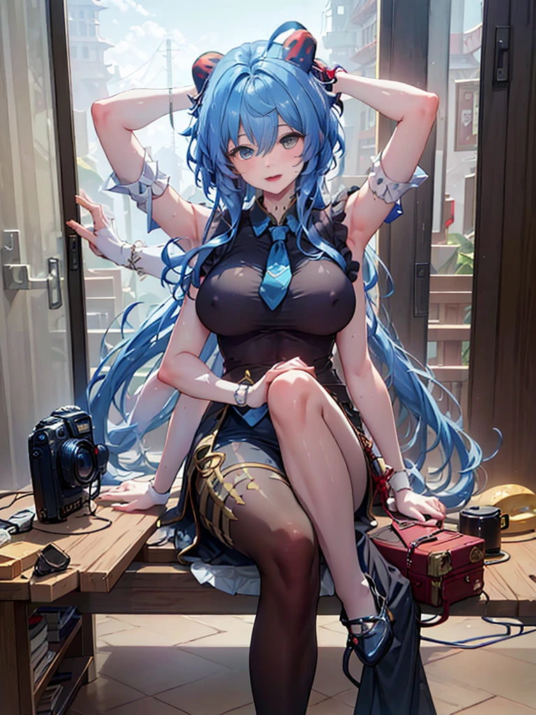 DSLR Photos, (8ก, 4K, Masterpiece),(Masterpiece, best quality), best resolution, (3 heads:1.5), aqua hair, twin tail, long hair, tear, open mouth, smile, be happy, Arms separated,Hotel Rooms, arm circle, (Put your hands on your head.), (lower hand on ankle), (lower hand on leg), Full content in the frame, full body view, (four arms),(Multi-arm),(many hands), รูปร่างเพรียวบาง Masterpiece,best quality,best resolution,1 woman,2 heads,details,Ganyu character,He has two goat horns on his head..,blue short hair,blue eyes,Wear tall clothes ,Wear a two-pronged red tie..,big breasts,simple background,Beautiful face,Beautiful hair,beautiful eyes,beautiful body,Beautiful hands,conjoined twins