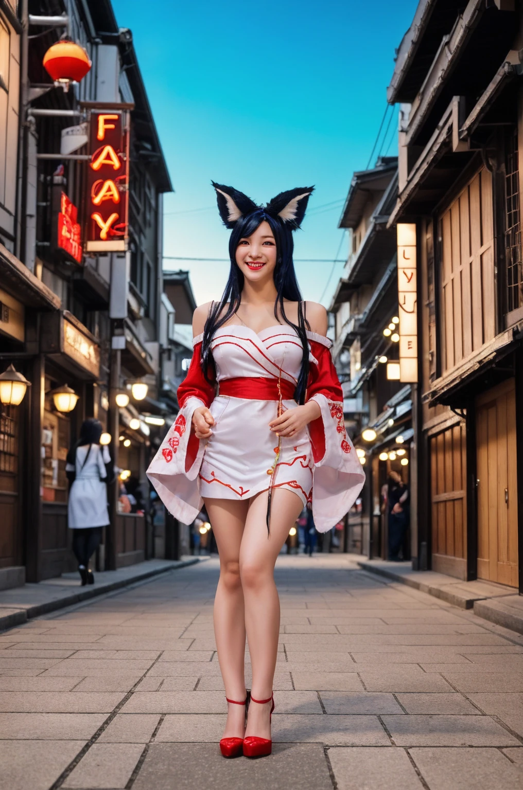 masterpiece, best quality, high resolution, 32K, RAW photos, ultra detail, ultra quality, (realistic인:1.50), ( realistic _ raw photo), standing, (((animal ears fox ears fox tail를 한))) 1 girl, ari_ \( League of Legends\), ari _ cosplay costme, ahri_cosplay, black hair, long hair, realistic fox-girl , (9 tails with white fur:1.3 ) , (Anatomically perfect), (perfect beautiful face, Pretty nose , pretty eyes, Yellow eyes, Pretty mouth, shiny, red lips ) , (Off-shoulder red and white kimono ) , Delicate and fine, realistic인 고운 피부, White skin, shiny, Slim, pretty body with perfect proportions, perfect pretty hands, (real woman hands), perfect pretty hands가락, pretty big tits,  pretty big ass, long legs with perfect proportions, black high heels, (animal ears , fox ears , Animal tails, fox tail), realistic, very detailed, dark sky, soft light, (sunset), afternoon, japan, japan 오사카, Dotonbori, Around the restaurant area, cityscape, realistic 조명, neon lights, walking on the street, laugh, Smile Unity 32K wallpaper, 