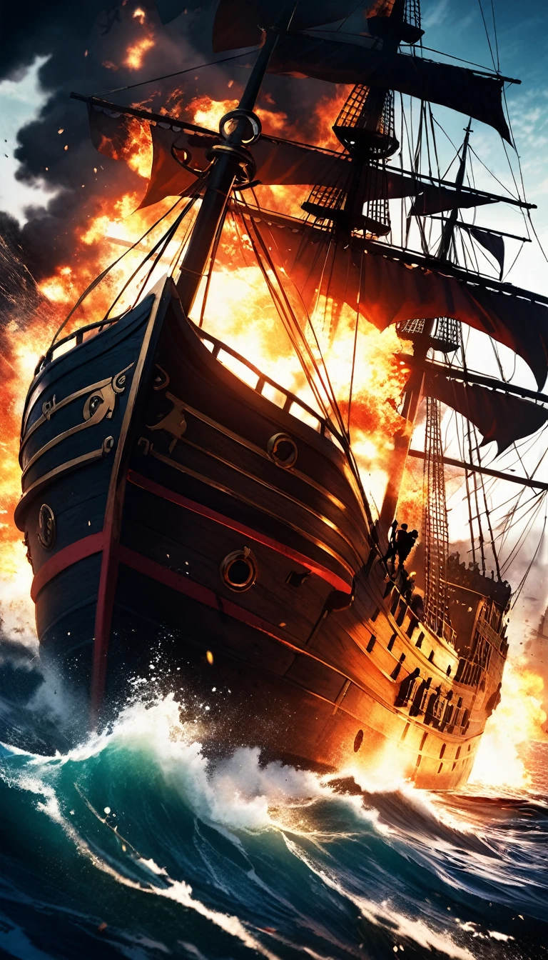 1 pirate ship, 1 enemy pirate ship, dramatic sea battle, violent cannon fire, thick smoke, sinking and burning ships, chaotic naval warfare, intense action, realistic water, dramatic lighting, cinematic composition, dramatic camera angle, high contrast, vibrant colors, dramatic shadows, gritty textures, detailed rendering, masterful artistry, cinematic mood, photo-realistic quality