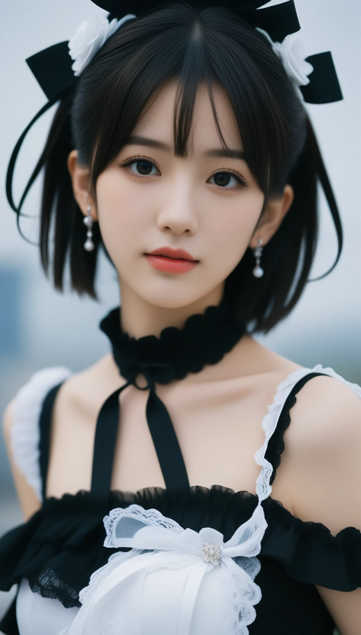 8k, Ultra-high resolution, Highest quality, masterpiece, 三分割法によるphotograph,Surreal, photograph, 1 Girl, (16 years old:1.3), pretty girl, Cute Face, Beautiful eyes in every detail, 細かくdetailedに,masterpiece,One Girl:1.2,Japanese female announcer,cowboy shot,grin,Black short hair,Short ponytail,Maid Android,((Fusion of Gothic Lolita and Lolita fashion:1.3)),bracelet, chest, choker, clavicle, Earrings,Futuristic cityscape ,Perfect and beautiful face ,完璧でCute Face, Skin with attention to detail, Perfect limbs、Narrow waist,Looking at the audience,(((Ideal body type))),Aカップの小さなchest :2,Portraiture:2,Perfect Anatomy,鮮明なdetailed,detailed,Surreal,Light and shadow,spotlight