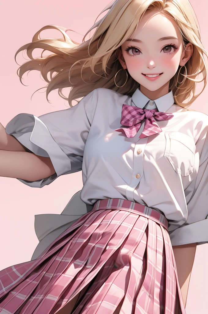 high resolution,smile,woman,woman1人,adult,Clear,cute, Blonde Hair,BREAK, Brown eyes,BREAK, high school girl,uniform,White shirt,Pink checkered pleated skirt,BREAK, Facing forward,BREAK,Pink background,