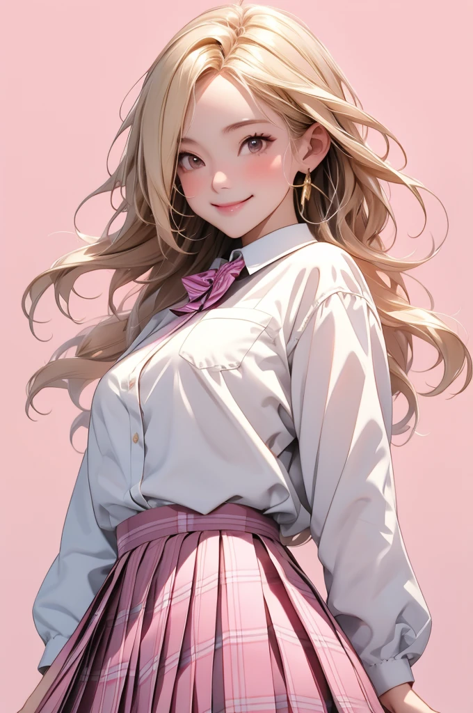 high resolution,smile,woman,woman1人,adult,Clear,cute, Blonde Hair,BREAK, Brown eyes,BREAK, high school girl,uniform,White shirt,Pink checkered pleated skirt,BREAK, Facing forward,BREAK,Pink background,